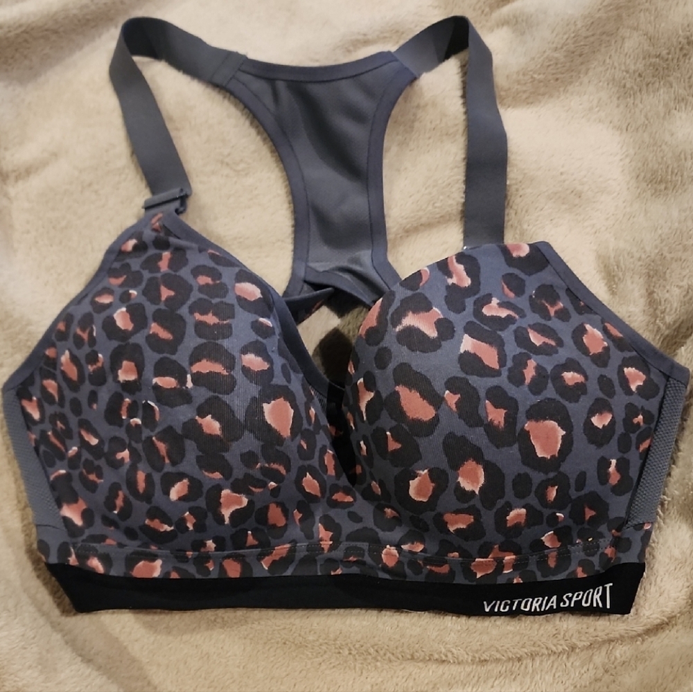 Victoria Sport Gray and Pink Leopard Print Sports Bra